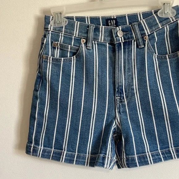 GAP Mom Jean Shorts 00 24 Blue White Striped Denim Pockets Cotton Mid 4” Inseam - Picture 3 of 14